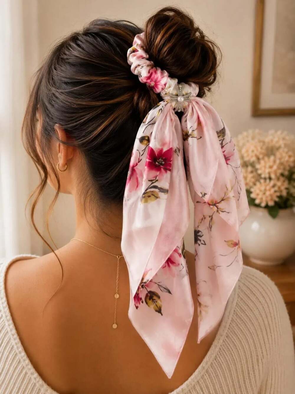 Pink Floral Scarf Scrunchie Coquette Cottagecore Hair Accessory